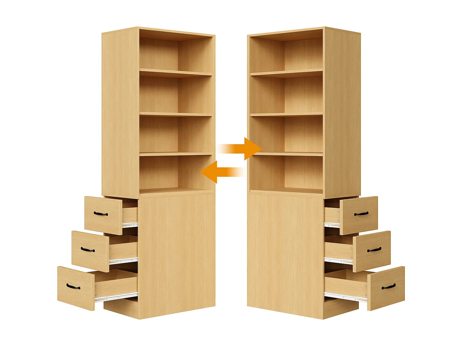 Libreria alta 180 cm - con 3 cassetti laterali - Ripiani regolabili - Reversibile sinistra/destra - Naturale