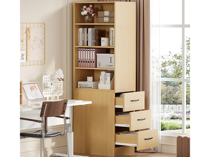 Bücherregal 180 cm hoch - mit 3 Seitenschubladen - Höhenverstellbare Einlegeböden - Links/rechts umkehrbar - Natur