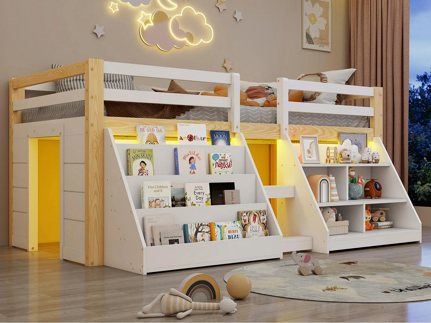 Lit enfant 90x200 cm - avec éclairage LED - avec étagère de rangement - avec barrières + échelle - blanc + Naturel(matelas non inclus)