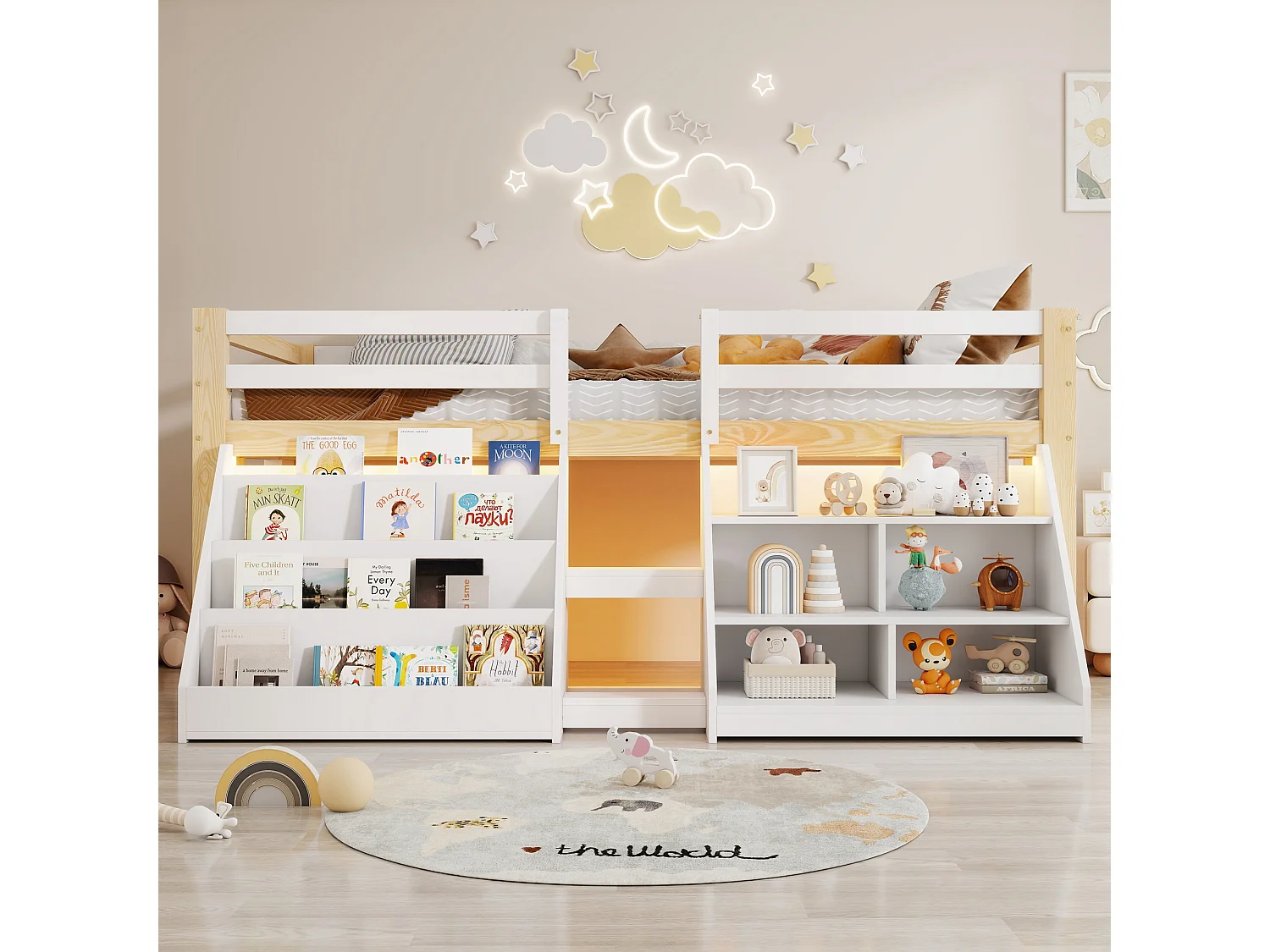 Lit enfant 90x200 cm - avec éclairage LED - avec étagère de rangement - avec barrières + échelle - blanc + Naturel(matelas non inclus)