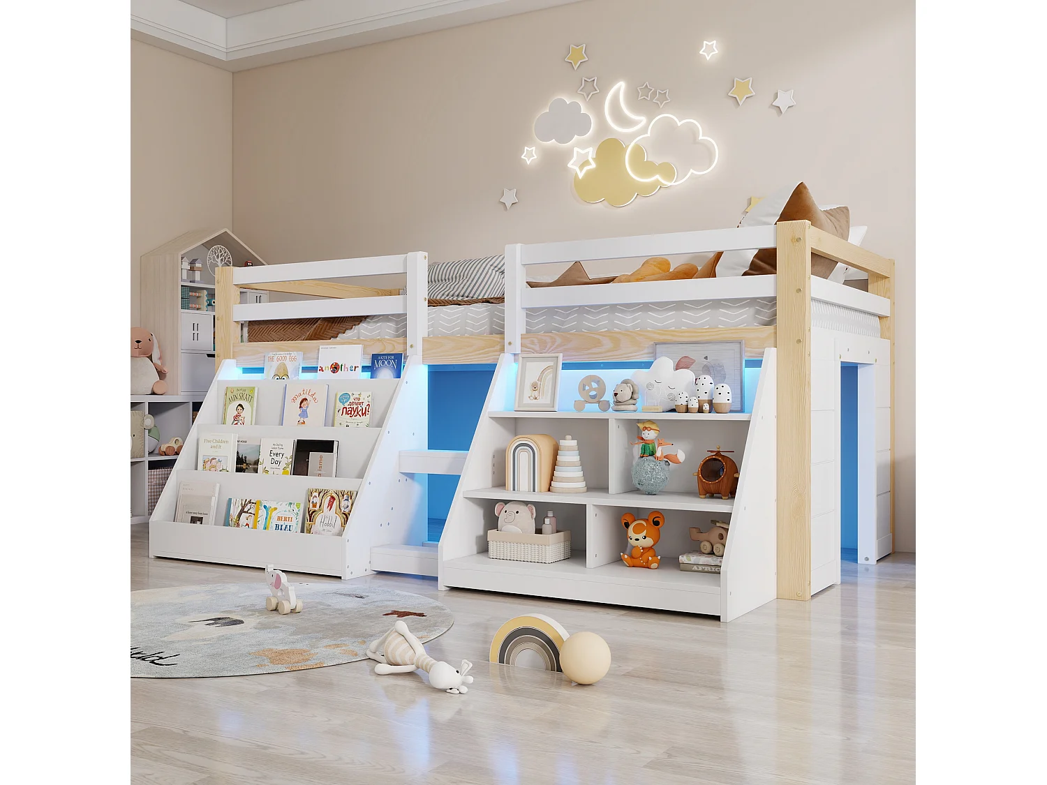 Lit enfant 90x200 cm - avec éclairage LED - avec étagère de rangement - avec barrières + échelle - blanc + Naturel(matelas non inclus)