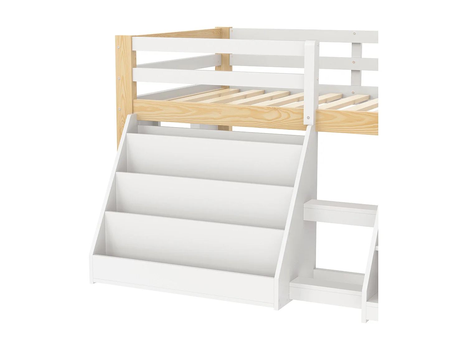 Lit enfant 90x200 cm - avec éclairage LED - avec étagère de rangement - avec barrières + échelle - blanc + Naturel(matelas non inclus)