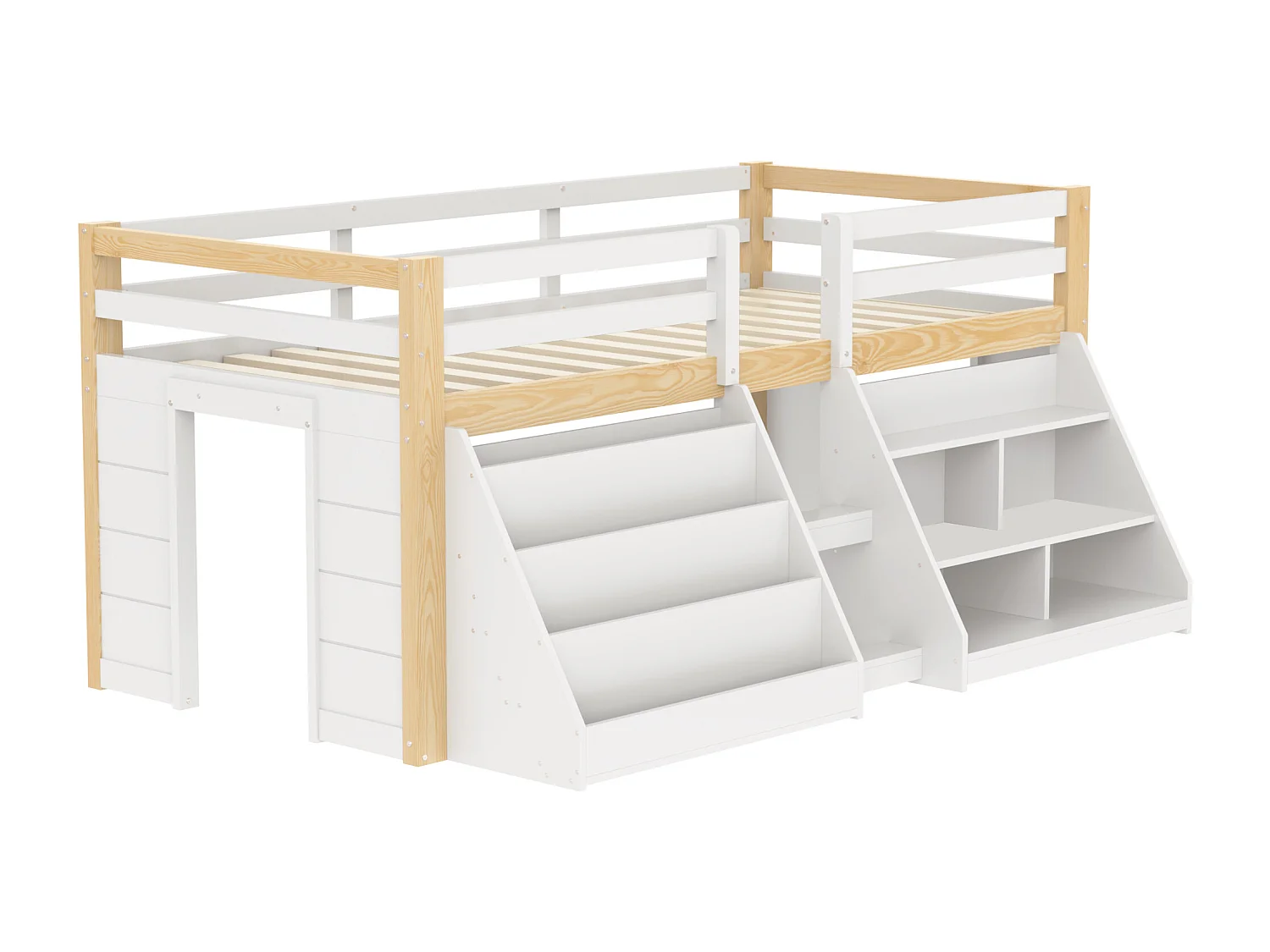 Lit enfant 90x200 cm - avec éclairage LED - avec étagère de rangement - avec barrières + échelle - blanc + Naturel(matelas non inclus)