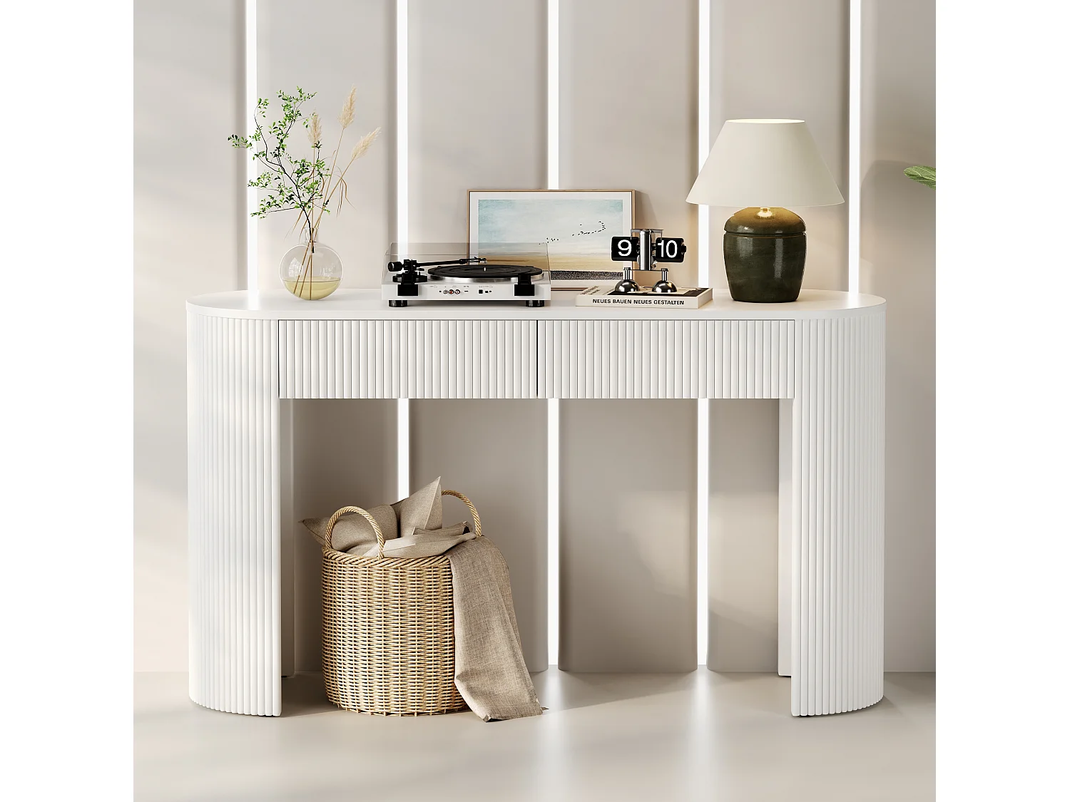 Eleganter Konsolentisch für den Eingangsbereich – 120 x 33 x 76 cm – mit 2 Schubladen und geschwungener Front – MDF – weiß