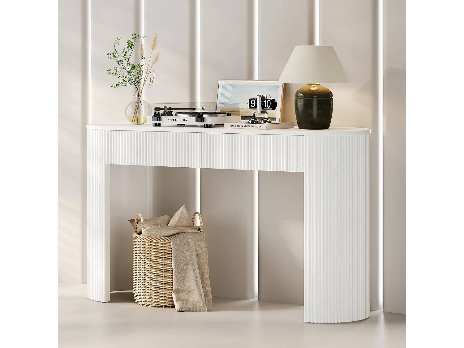 Eleganter Konsolentisch für den Eingangsbereich – 120 x 33 x 76 cm – mit 2 Schubladen und geschwungener Front – MDF – weiß