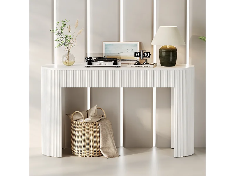 Eleganter Konsolentisch für den Eingangsbereich – 120 x 33 x 76 cm – mit 2 Schubladen und geschwungener Front – MDF – weiß