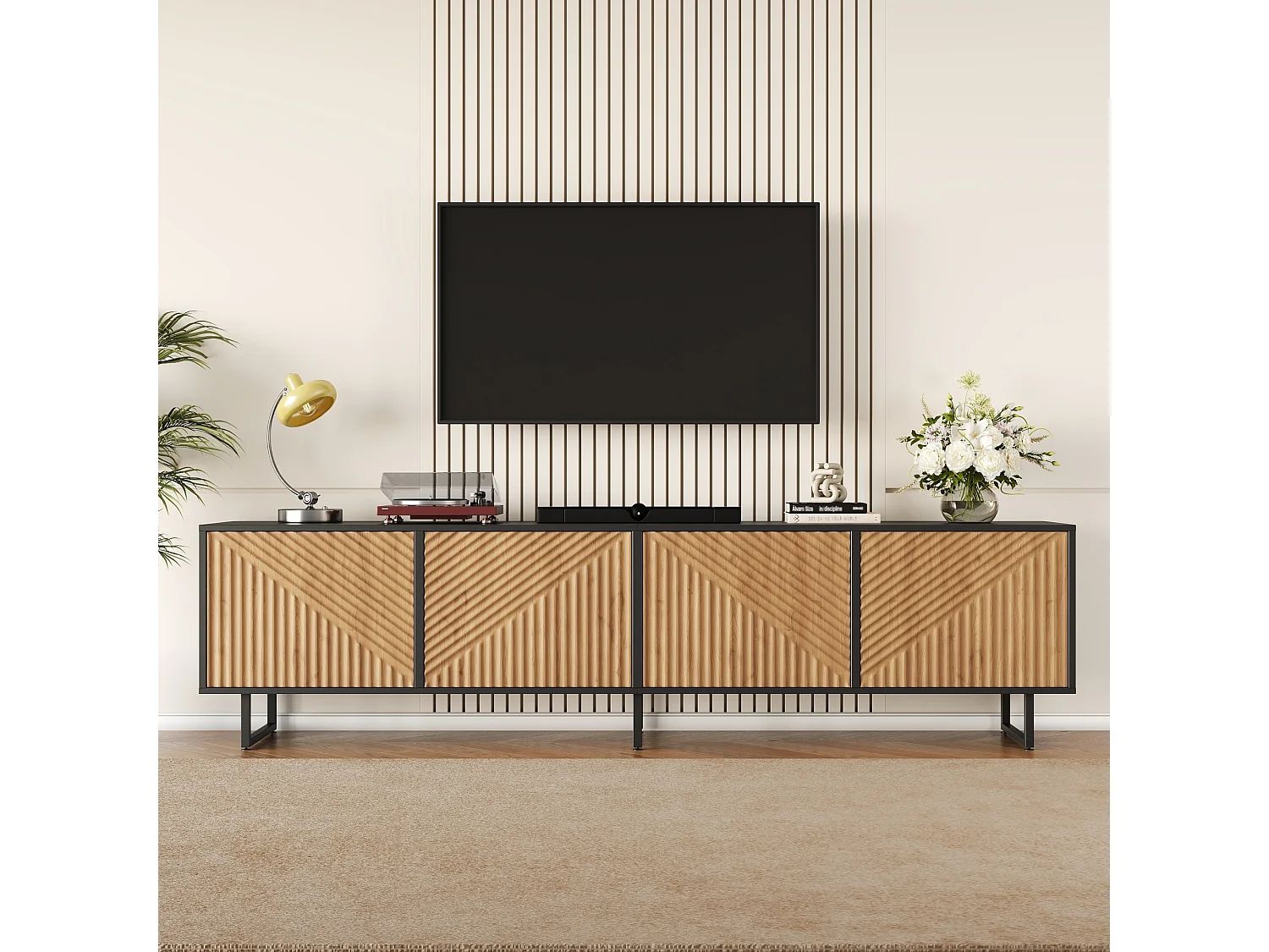 TV-Ständer fürs Wohnzimmer – 180 x 40 x 50 cm – mit 4 Türen – für 80-Zoll-Fernseher – Spanplatte – natur