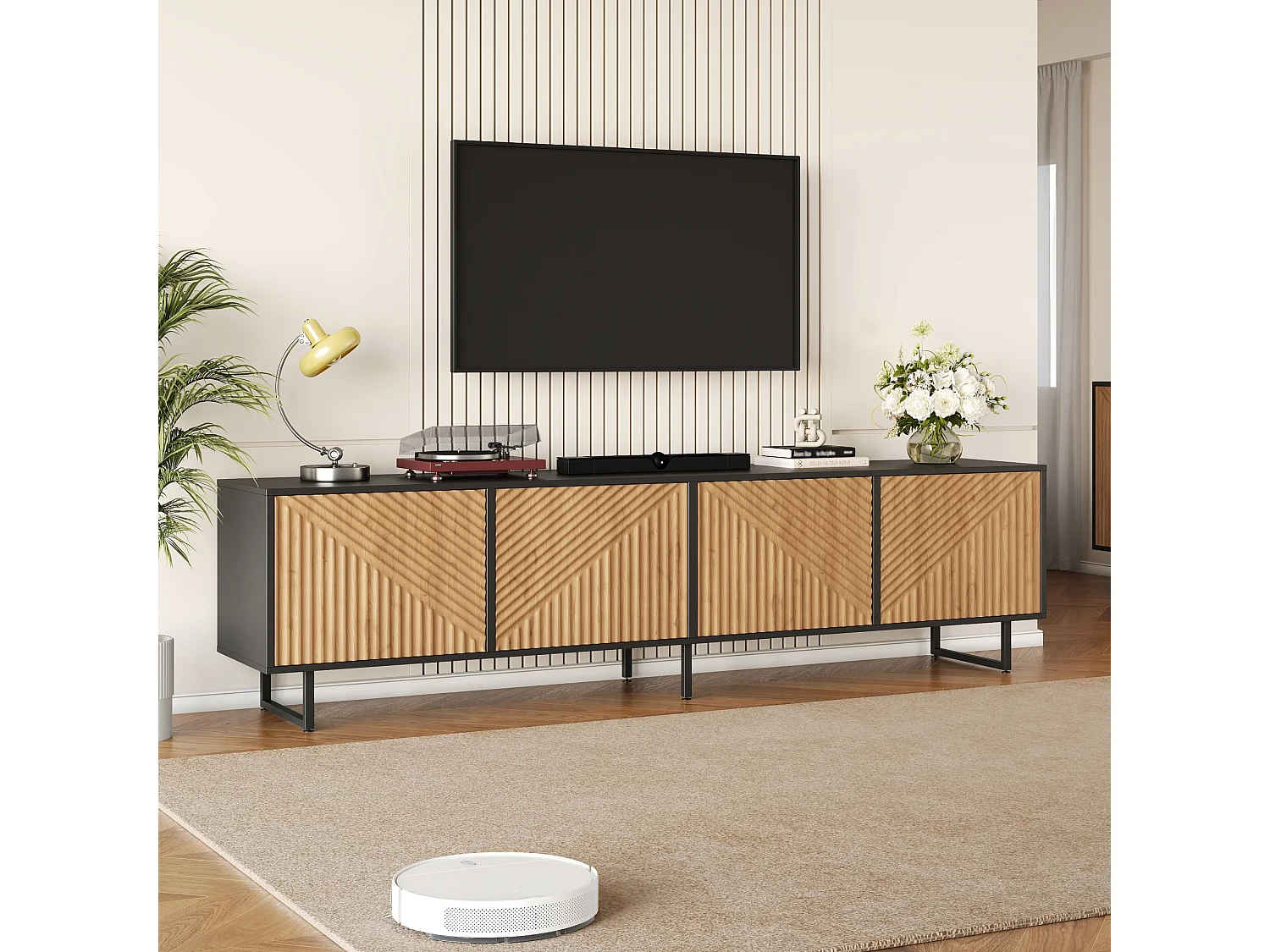 TV-Ständer fürs Wohnzimmer – 180 x 40 x 50 cm – mit 4 Türen – für 80-Zoll-Fernseher – Spanplatte – natur
