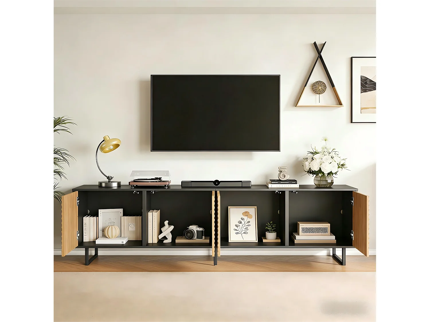 TV-Ständer fürs Wohnzimmer – 180 x 40 x 50 cm – mit 4 Türen – für 80-Zoll-Fernseher – Spanplatte – natur