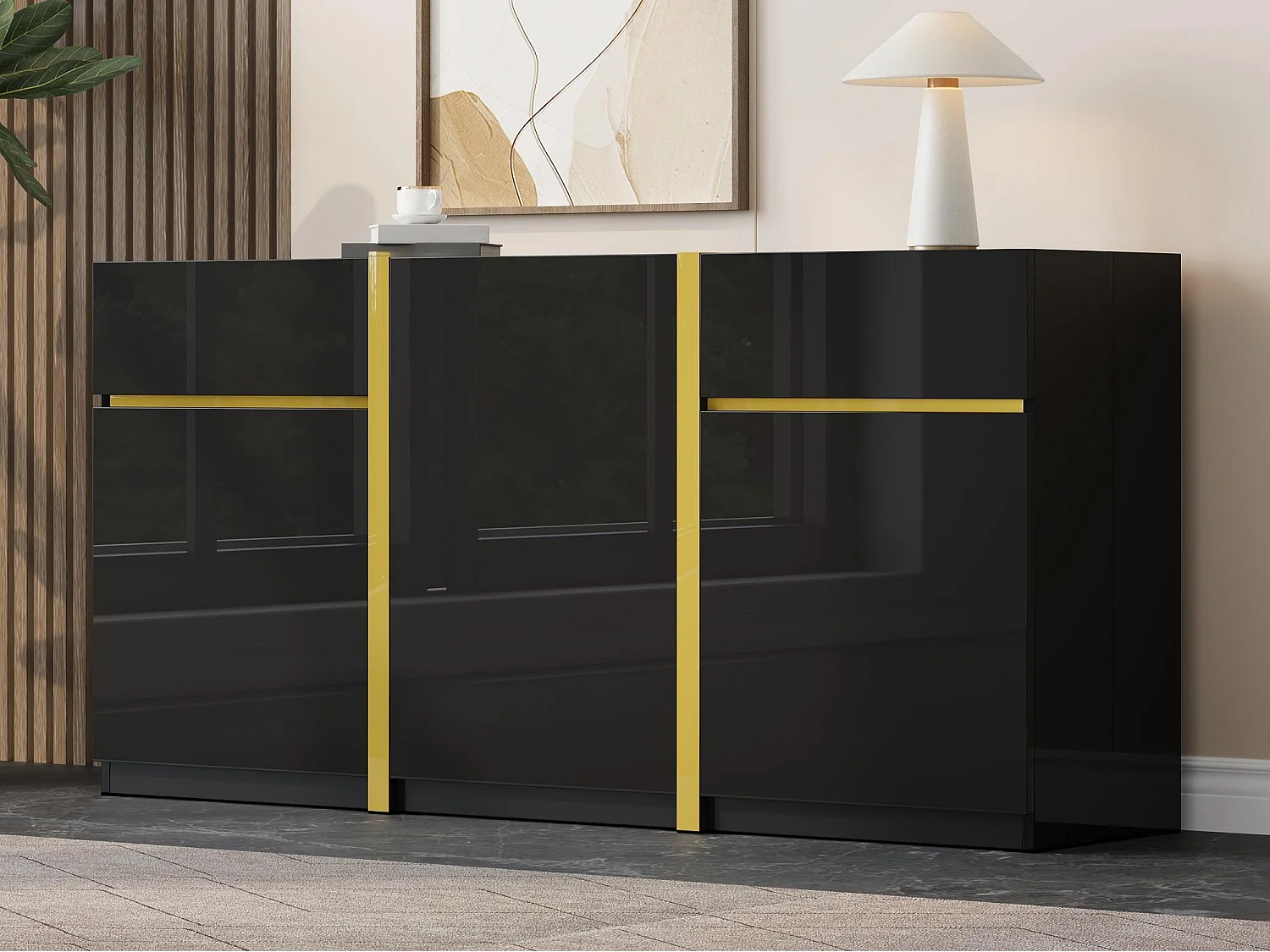 Buffet laqué brillant 160x40x78 cm - Meuble de rangement moderne - 3 portes et 2 tiroirs - MDF - Noir