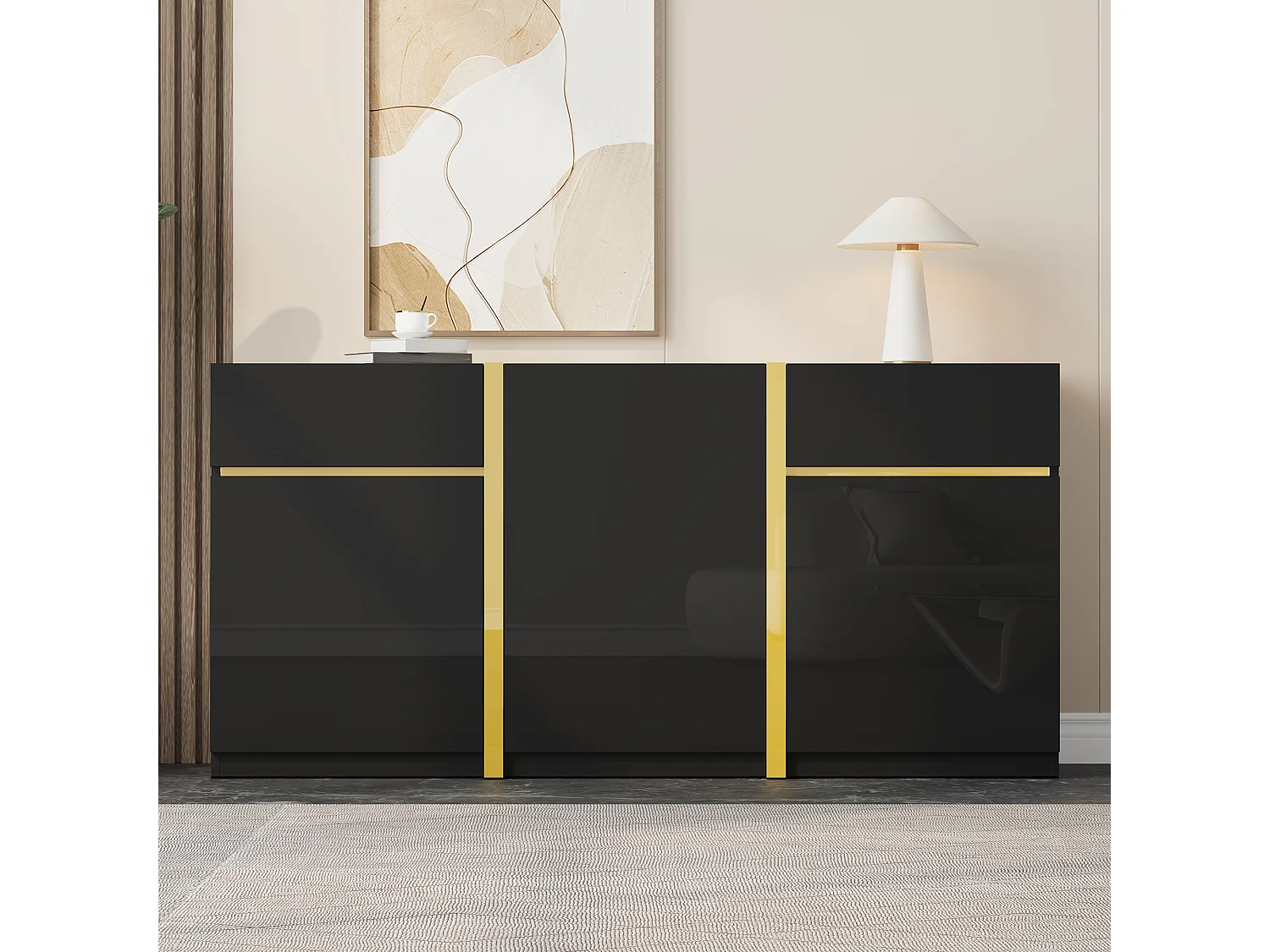 Buffet laqué brillant 160x40x78 cm - Meuble de rangement moderne - 3 portes et 2 tiroirs - MDF - Noir