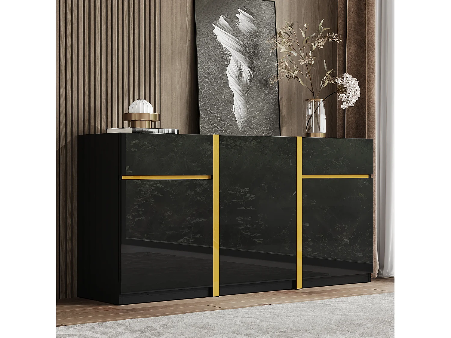 Buffet laqué brillant 160x40x78 cm - Meuble de rangement moderne - 3 portes et 2 tiroirs - MDF - Noir