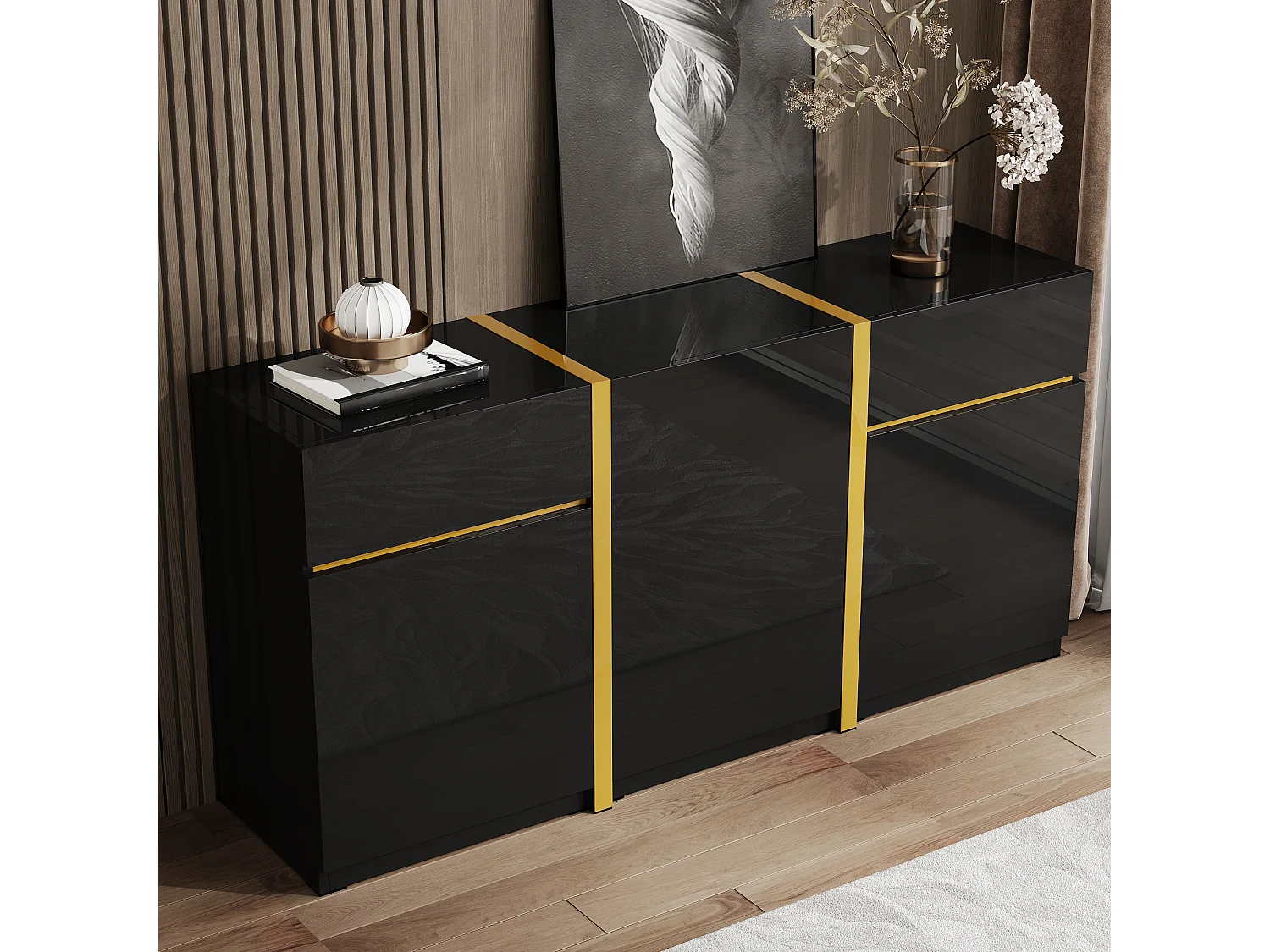 Buffet laqué brillant 160x40x78 cm - Meuble de rangement moderne - 3 portes et 2 tiroirs - MDF - Noir