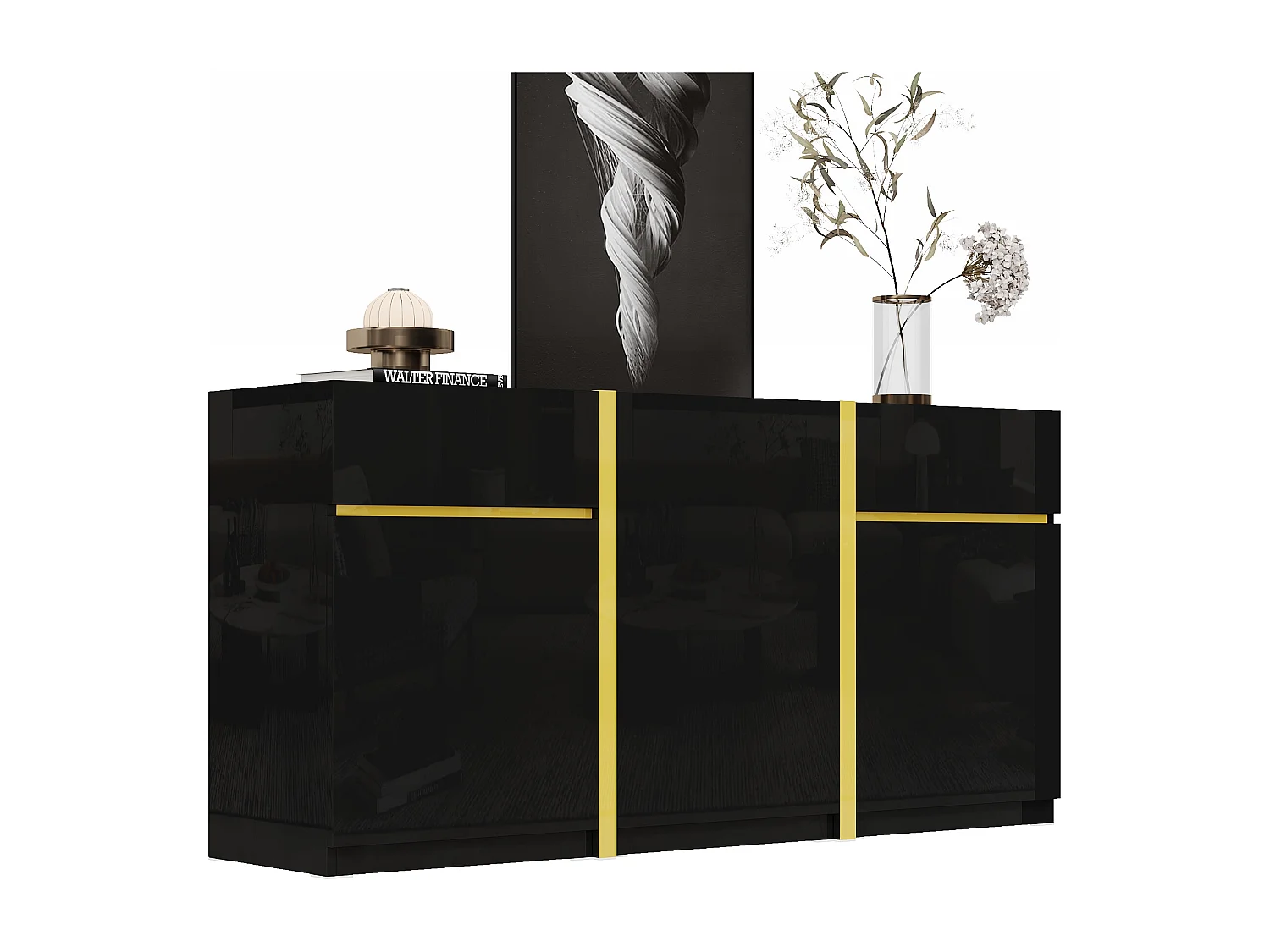 Buffet laqué brillant 160x40x78 cm - Meuble de rangement moderne - 3 portes et 2 tiroirs - MDF - Noir