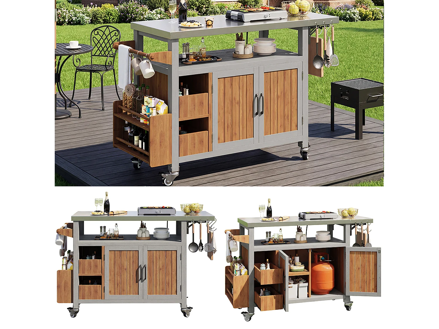 Mesa lateral móvel para jardim com churrasqueira - 138 x 47 x 92 cm - com prateleira lateral deslizante - madeira + metal - cor natural