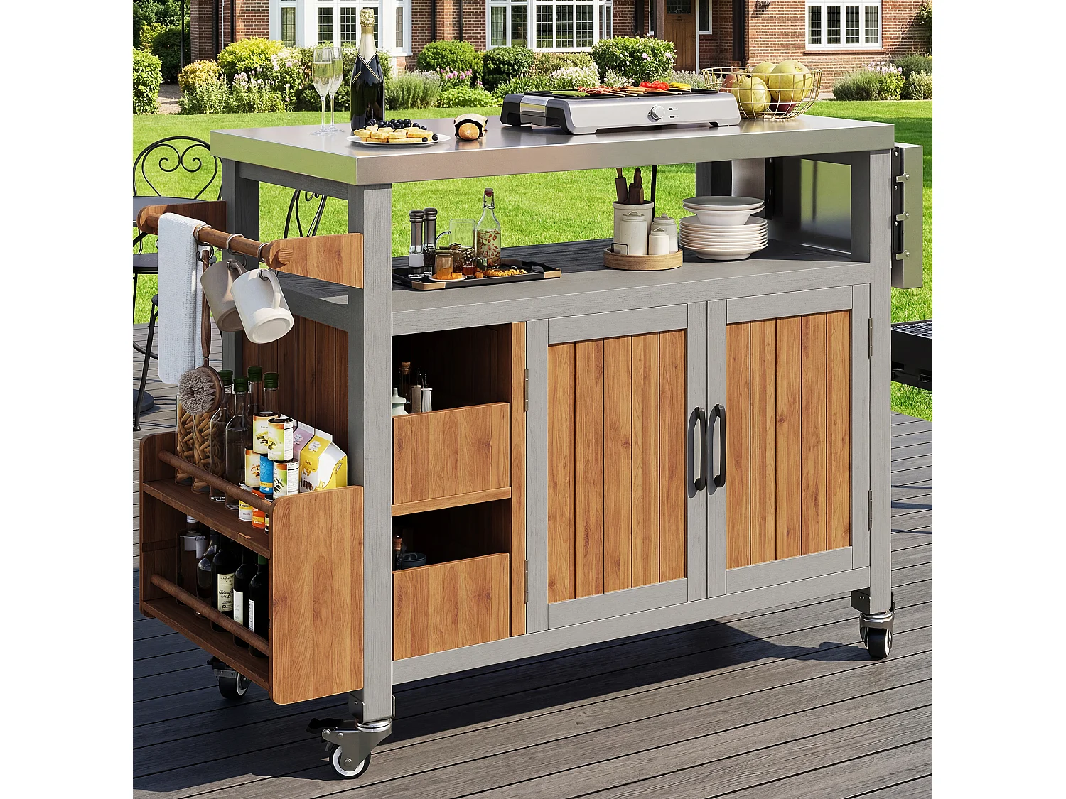 Mesa lateral móvel para jardim com churrasqueira - 138 x 47 x 92 cm - com prateleira lateral deslizante - madeira + metal - cor natural