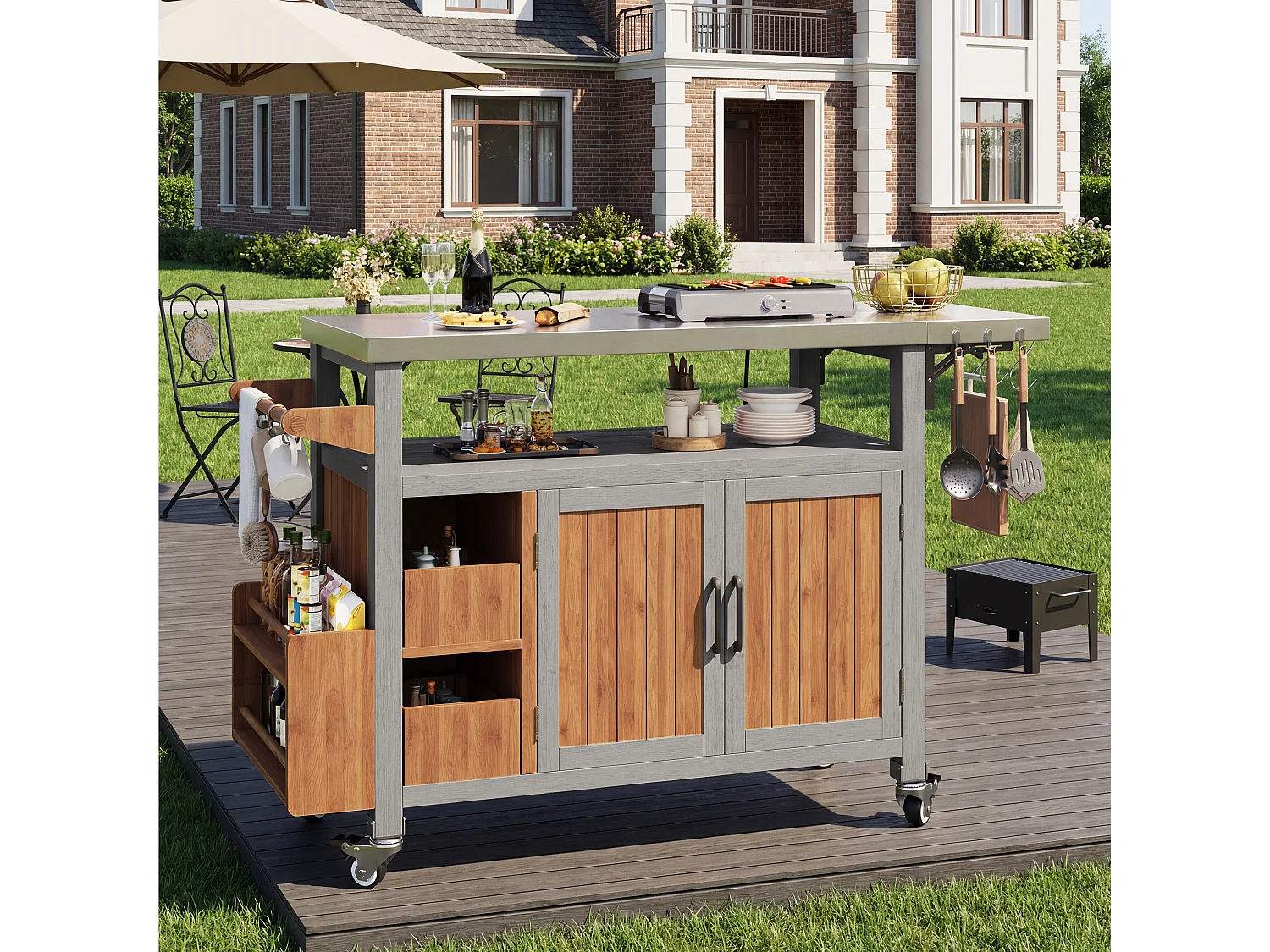 Mesa lateral móvel para jardim com churrasqueira - 138 x 47 x 92 cm - com prateleira lateral deslizante - madeira + metal - cor natural