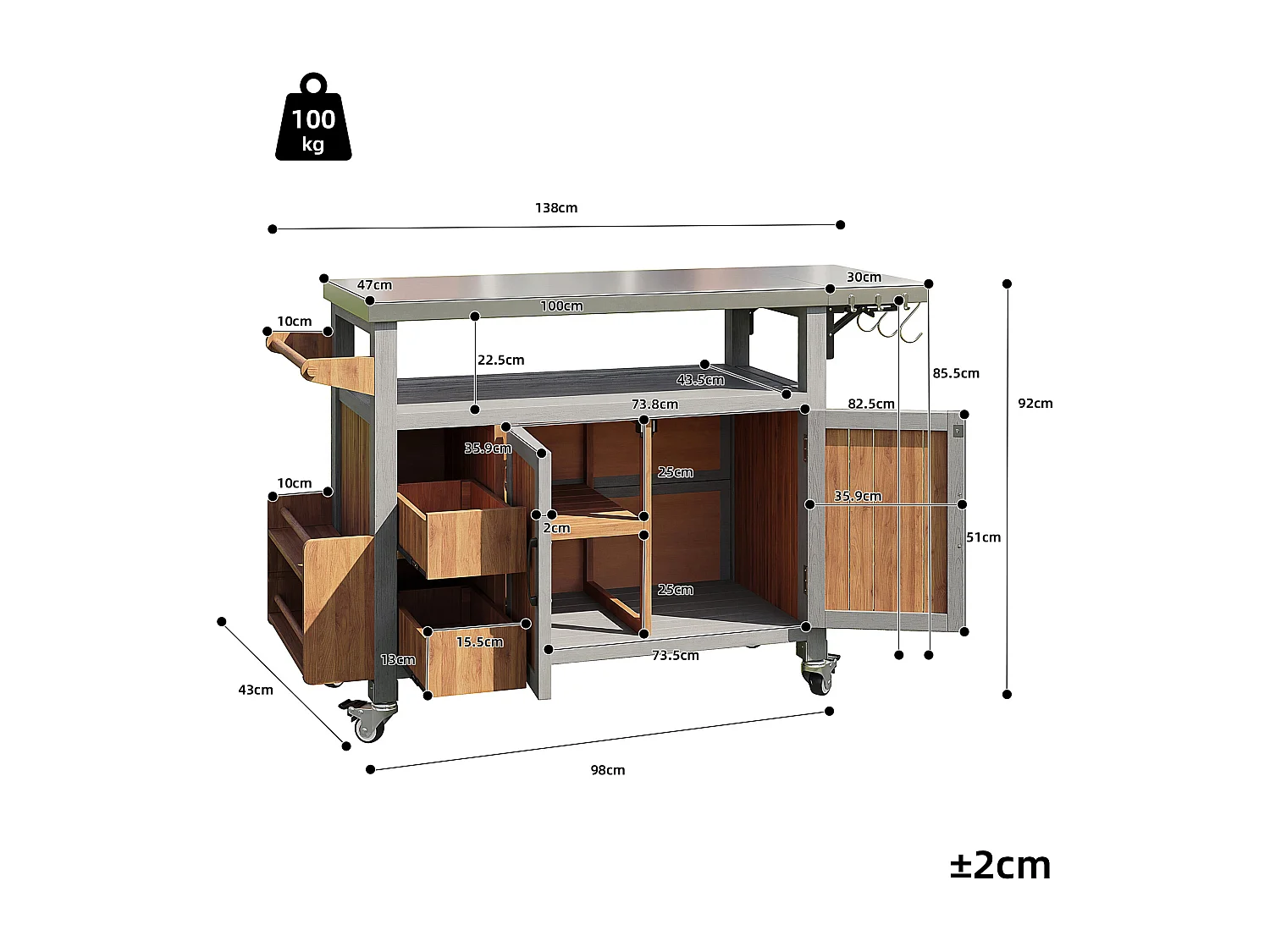 Mesa lateral móvel para jardim com churrasqueira - 138 x 47 x 92 cm - com prateleira lateral deslizante - madeira + metal - cor natural