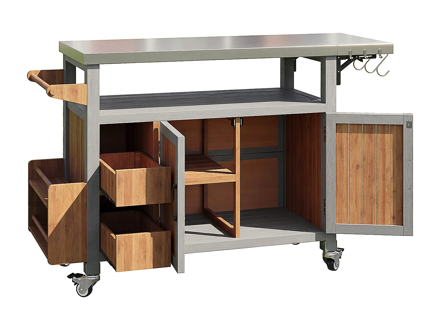 Mesa lateral móvel para jardim com churrasqueira - 138 x 47 x 92 cm - com prateleira lateral deslizante - madeira + metal - cor natural