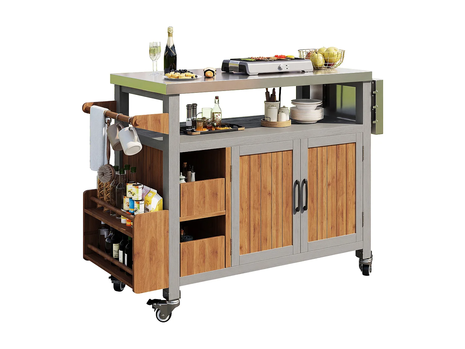 Mesa lateral móvel para jardim com churrasqueira - 138 x 47 x 92 cm - com prateleira lateral deslizante - madeira + metal - cor natural