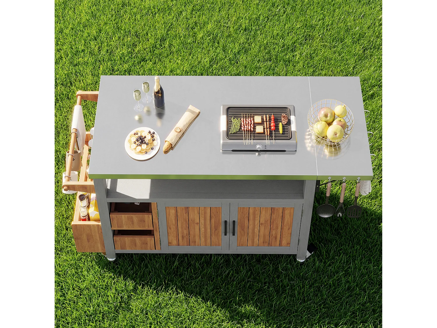 Mesa lateral móvel para jardim com churrasqueira - 138 x 47 x 92 cm - com prateleira lateral deslizante - madeira + metal - cor natural