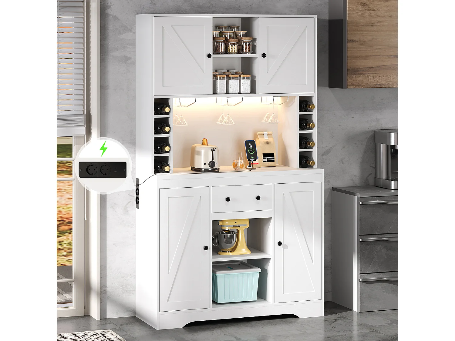 Nowoczesna komoda kuchenna - 105 x 40 x 180 cm - z półkami + szufladą + diodami LED + 4 drzwi - MDF - biała