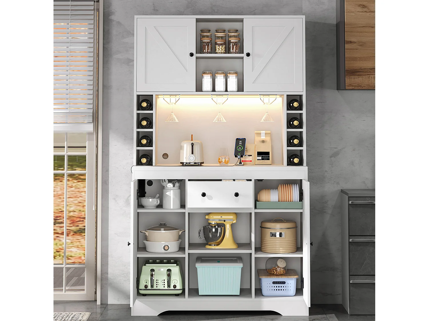 Nowoczesna komoda kuchenna - 105 x 40 x 180 cm - z półkami + szufladą + diodami LED + 4 drzwi - MDF - biała