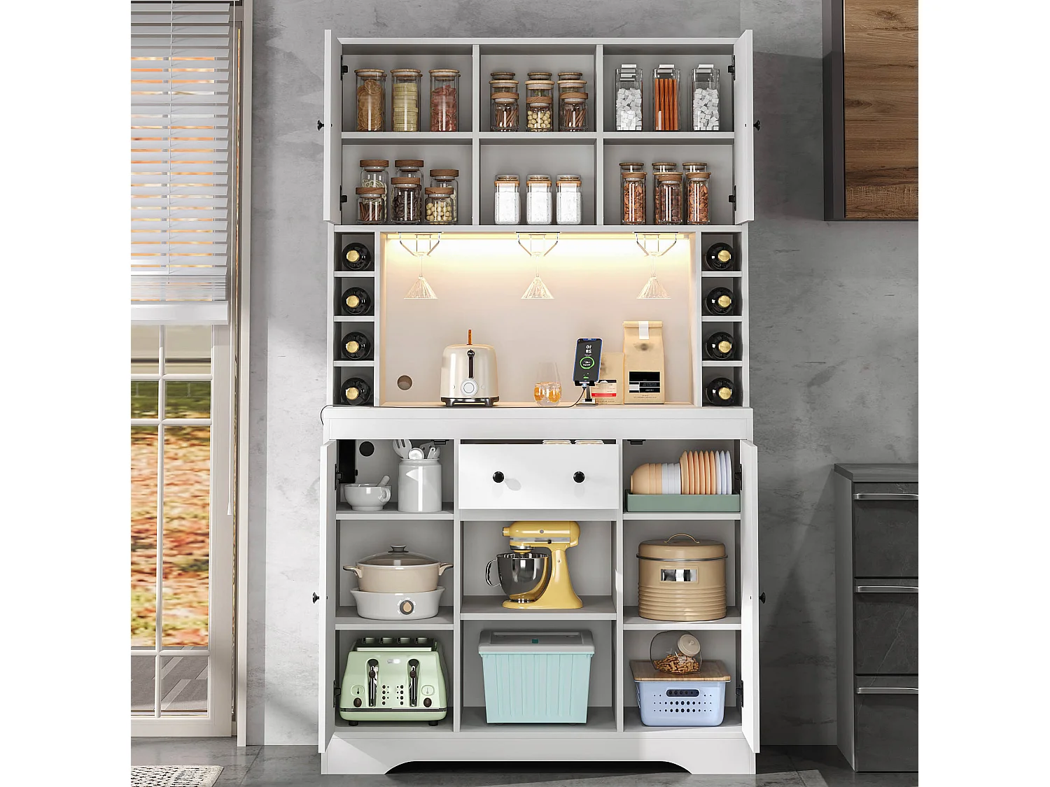 Nowoczesna komoda kuchenna - 105 x 40 x 180 cm - z półkami + szufladą + diodami LED + 4 drzwi - MDF - biała