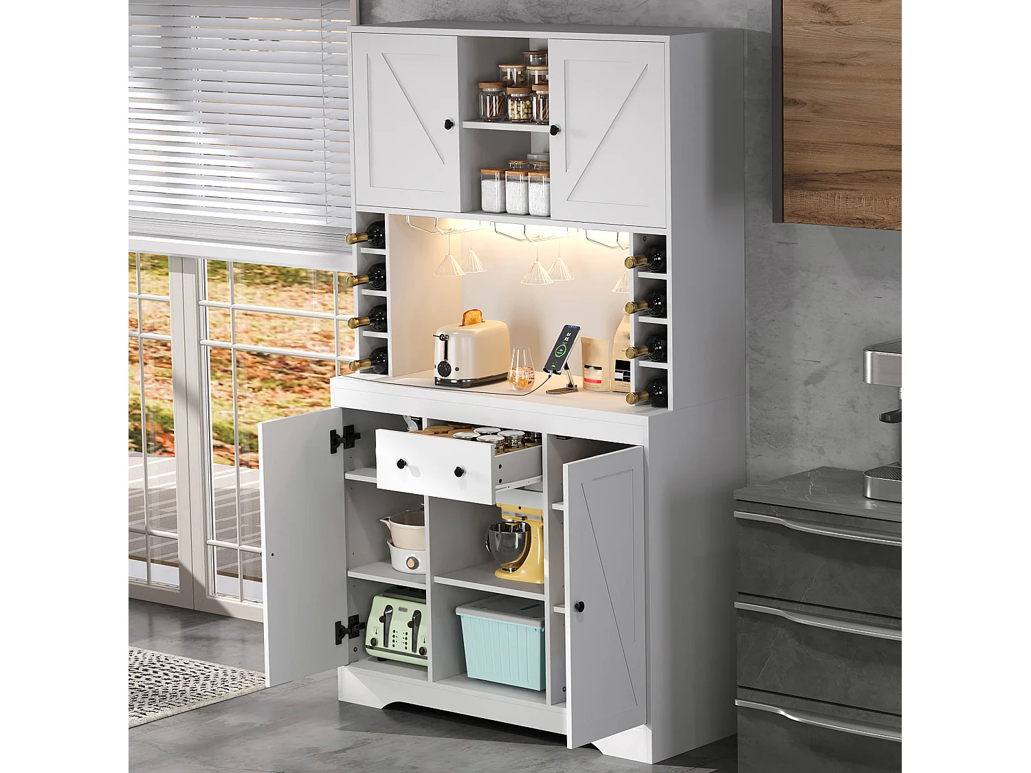 Nowoczesna komoda kuchenna - 105 x 40 x 180 cm - z półkami + szufladą + diodami LED + 4 drzwi - MDF - biała