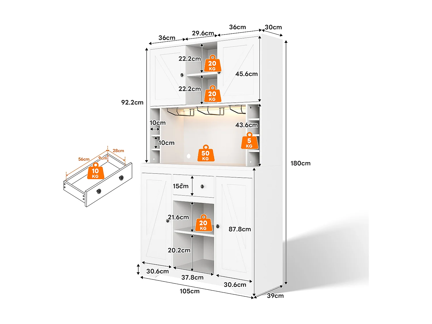 Nowoczesna komoda kuchenna - 105 x 40 x 180 cm - z półkami + szufladą + diodami LED + 4 drzwi - MDF - biała