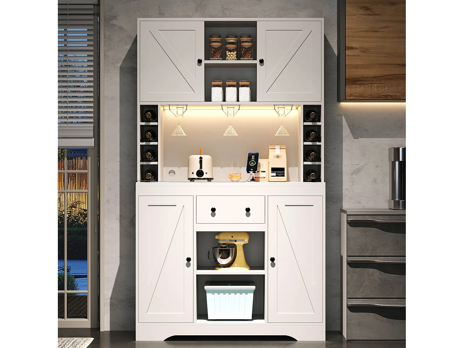 Nowoczesna komoda kuchenna - 105 x 40 x 180 cm - z półkami + szufladą + diodami LED + 4 drzwi - MDF - biała