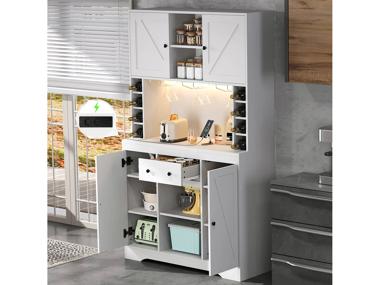 Nowoczesna komoda kuchenna - 105 x 40 x 180 cm - z półkami + szufladą + diodami LED + 4 drzwi - MDF - biała