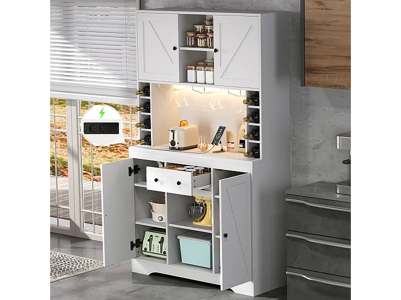 Nowoczesna komoda kuchenna - 105 x 40 x 180 cm - z półkami + szufladą + diodami LED + 4 drzwi - MDF - biała