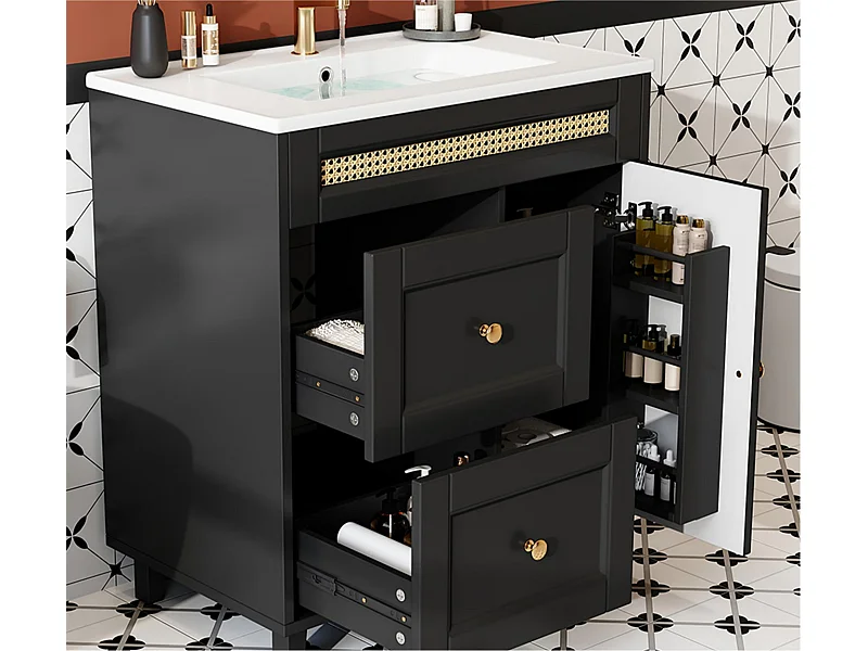 Badkamermeubel op poten 76x46x86,5 cm - Keramieken wastafel - 2 lades en 1 deur - Zwart