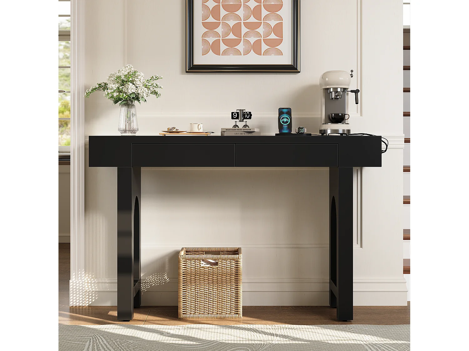 Eleganter Konsolentisch für den Eingangsbereich – 120 x 35,5 x 76,5 cm – mit Schubladen und verstellbaren Füßen – MDF – schwarz