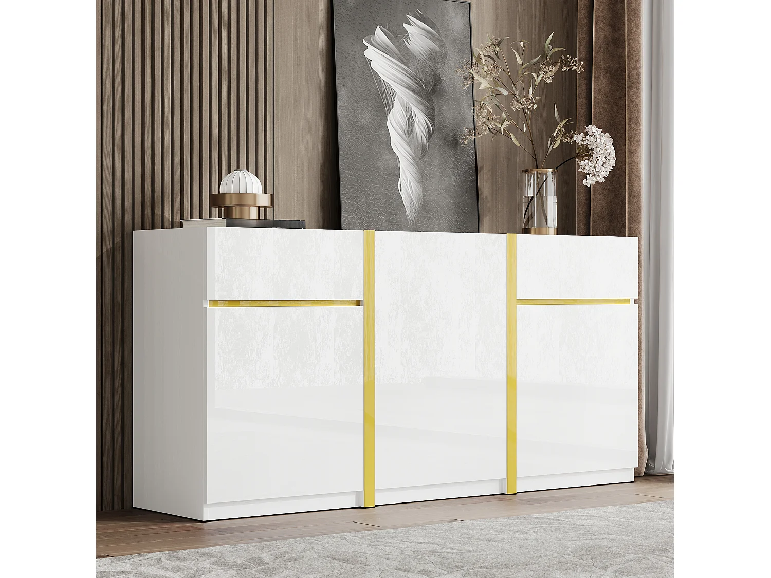 Nowoczesna, lakierowana na wysoki połysk komoda - 160 x 40 x 78 cm - z 3 drzwiami + 2 szufladami - MDF - biała