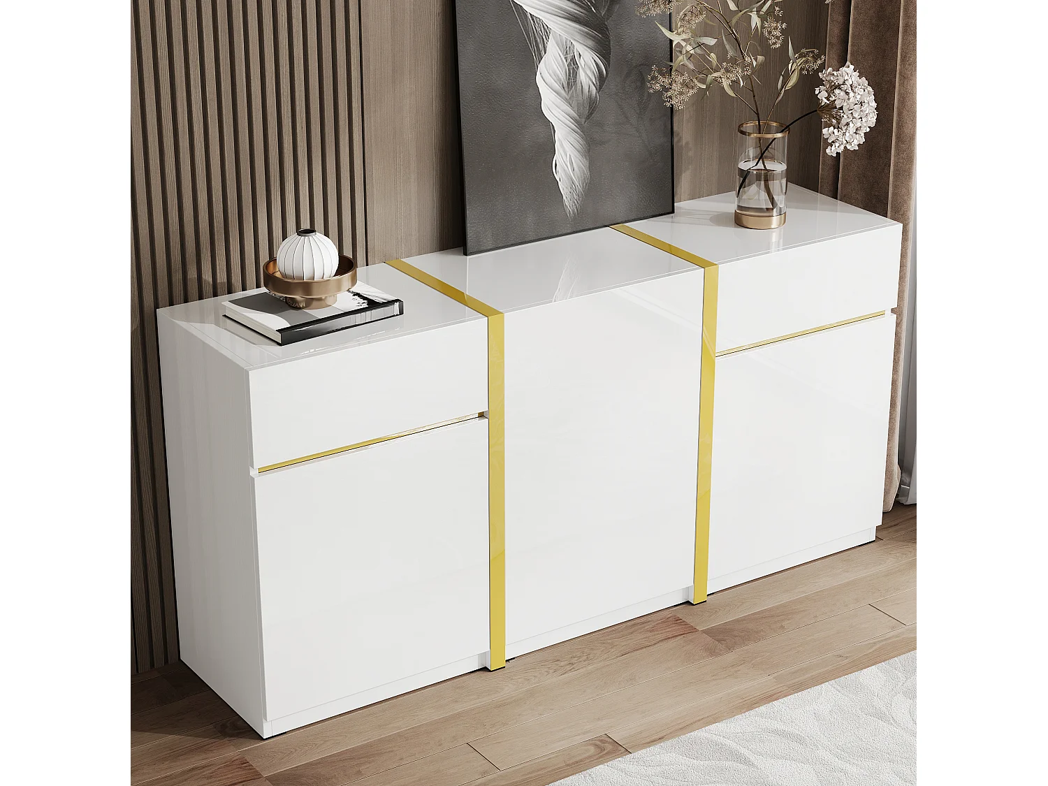 Nowoczesna, lakierowana na wysoki połysk komoda - 160 x 40 x 78 cm - z 3 drzwiami + 2 szufladami - MDF - biała