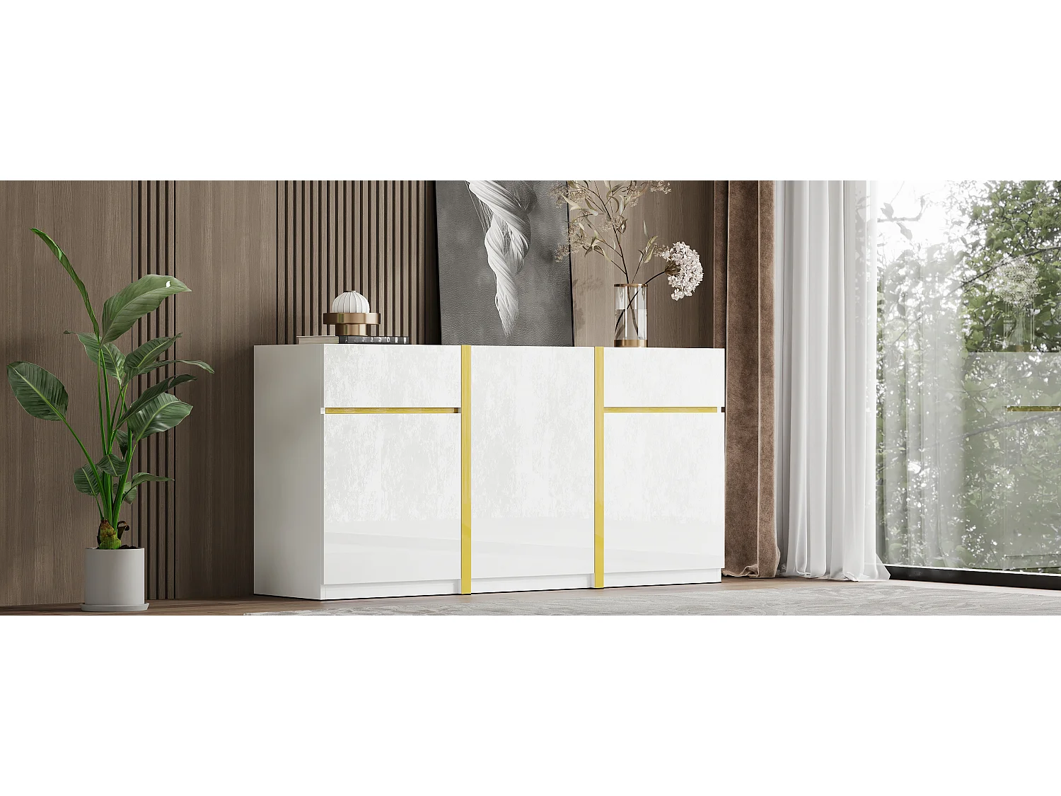 Nowoczesna, lakierowana na wysoki połysk komoda - 160 x 40 x 78 cm - z 3 drzwiami + 2 szufladami - MDF - biała