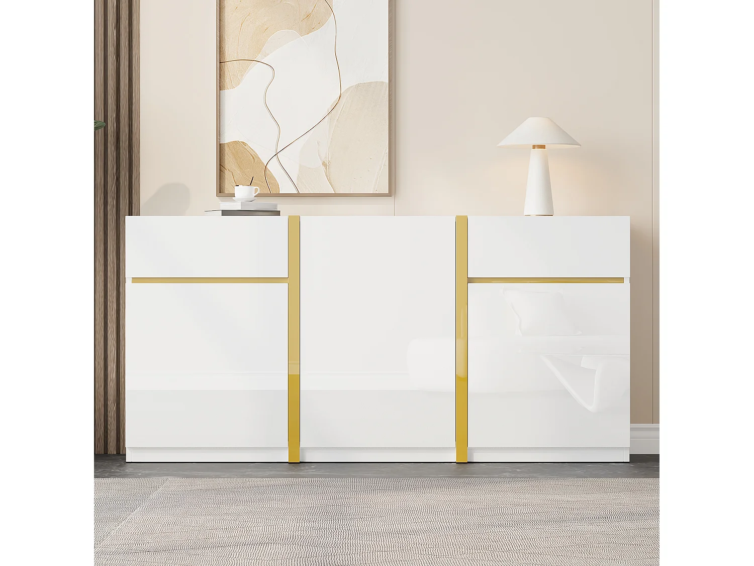 Nowoczesna, lakierowana na wysoki połysk komoda - 160 x 40 x 78 cm - z 3 drzwiami + 2 szufladami - MDF - biała