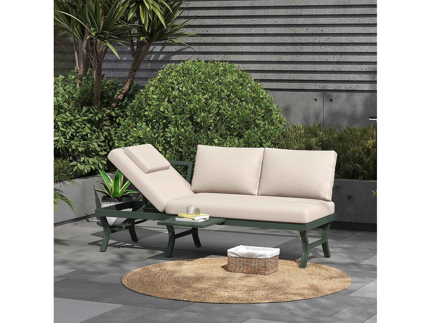 3-Sitzer-Gartensofa mit Liegefunktion (5 Positionen) – 168 x 66 x 66 cm – mit Kissen und Tisch – Metall – grün