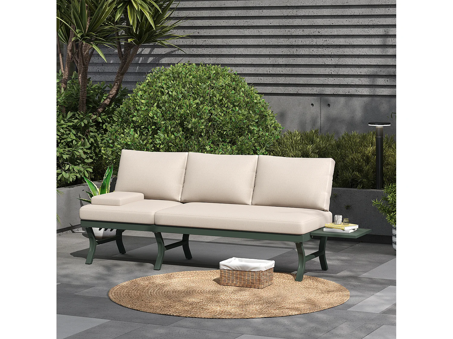 3-Sitzer-Gartensofa mit Liegefunktion (5 Positionen) – 168 x 66 x 66 cm – mit Kissen und Tisch – Metall – grün