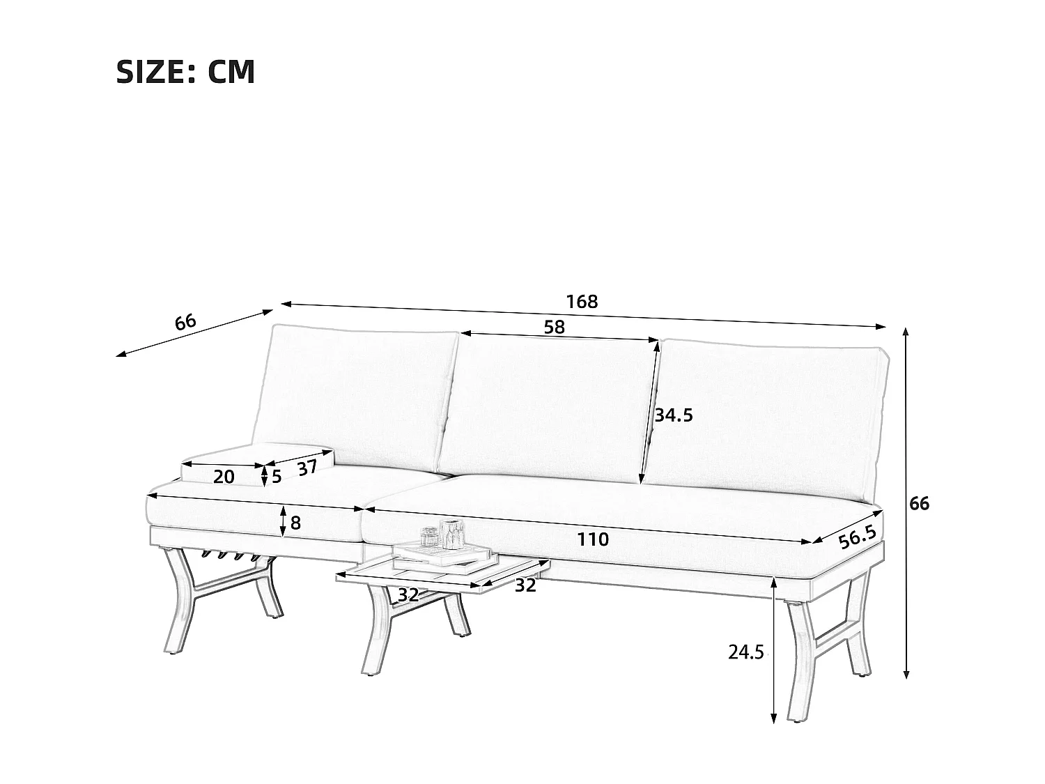 3-Sitzer-Gartensofa mit Liegefunktion (5 Positionen) – 168 x 66 x 66 cm – mit Kissen und Tisch – Metall – grün
