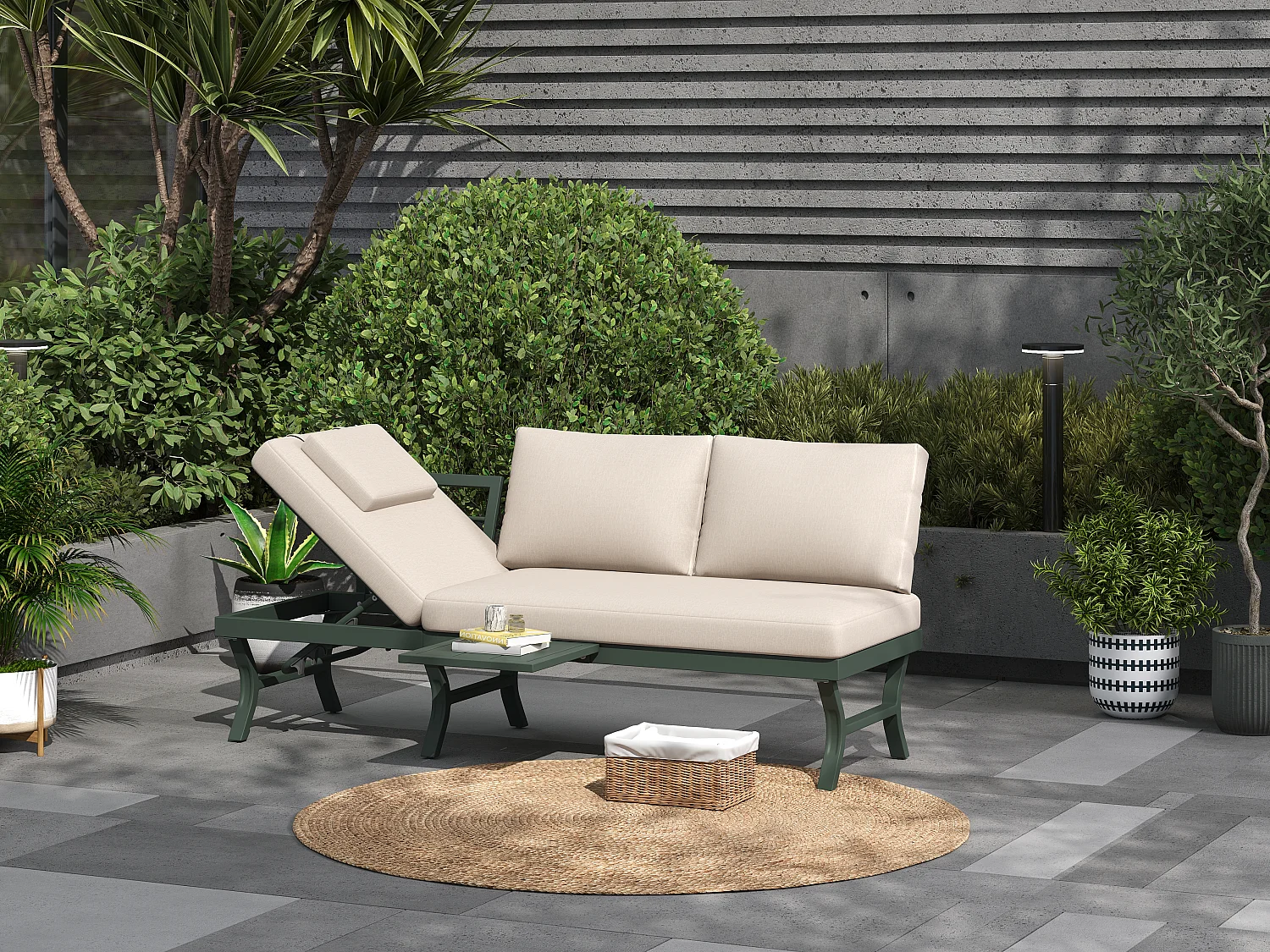 3-Sitzer-Gartensofa mit Liegefunktion (5 Positionen) – 168 x 66 x 66 cm – mit Kissen und Tisch – Metall – grün