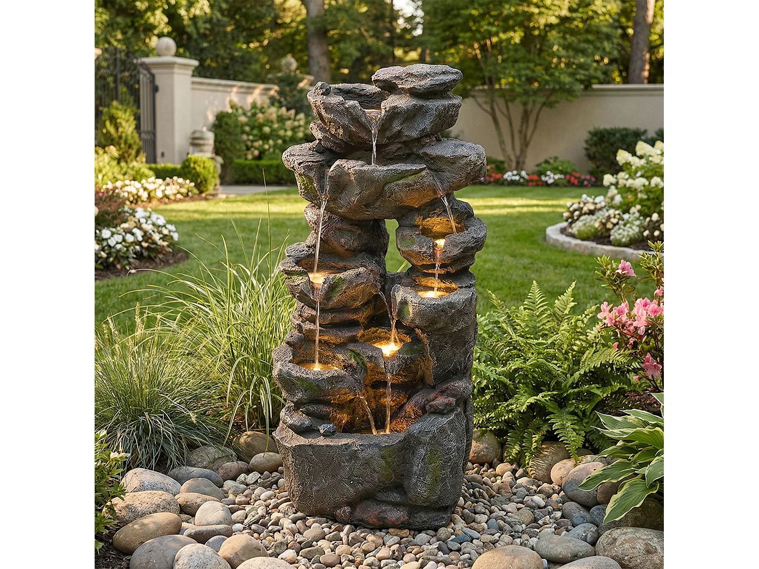 Tuinfontein voor tuin en terras - 40 x 36 x 90 cm - met LED's + waterpomp - Kunsthars - grijs