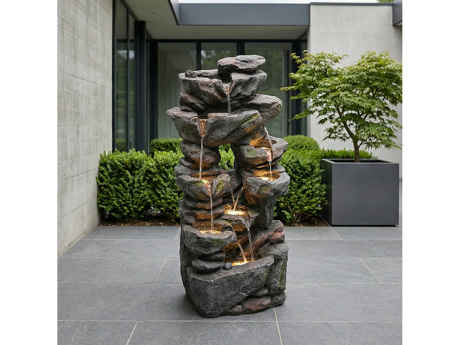 Tuinfontein voor tuin en terras - 40 x 36 x 90 cm - met LED's + waterpomp - Kunsthars - grijs