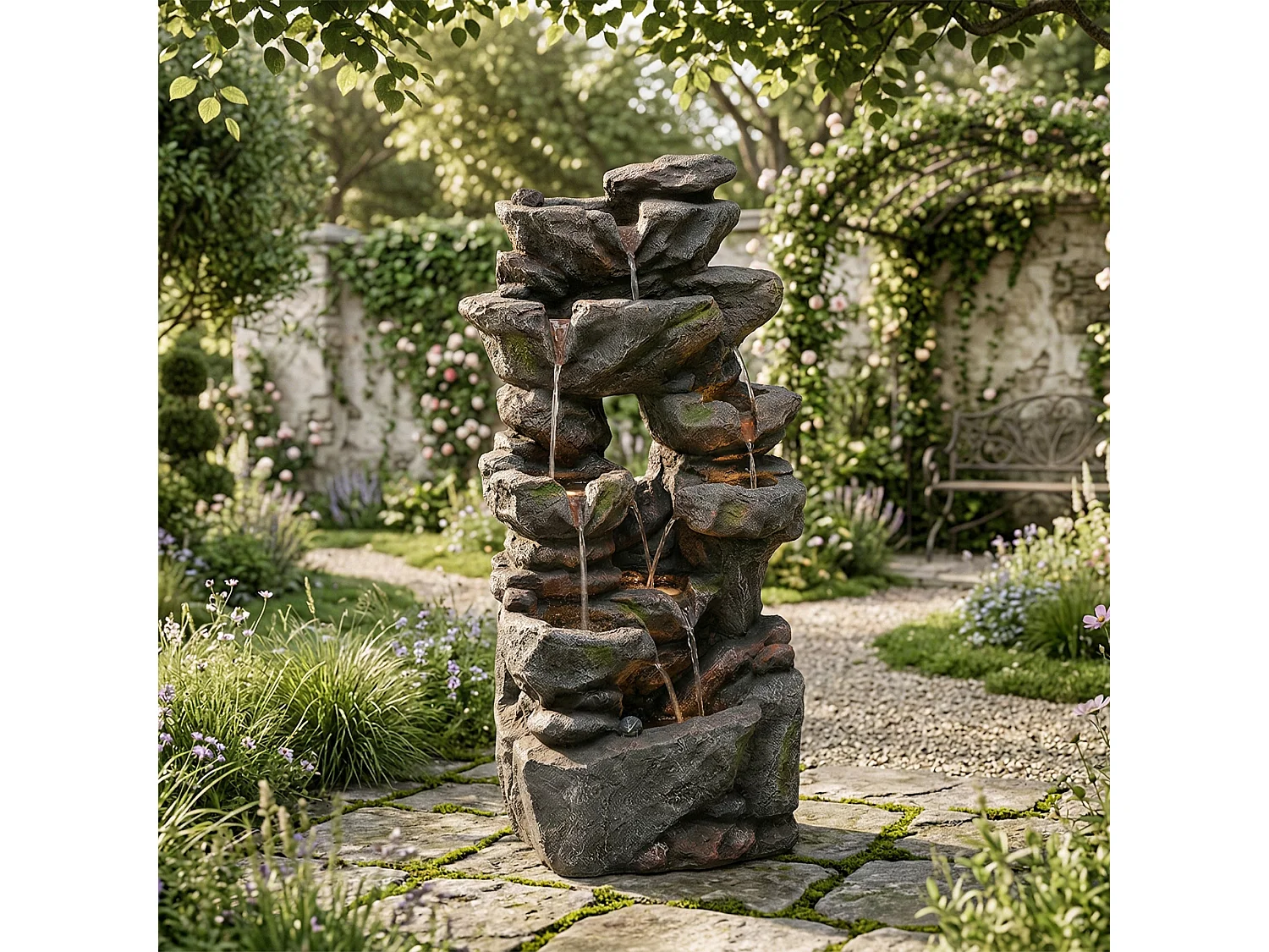 Tuinfontein voor tuin en terras - 40 x 36 x 90 cm - met LED's + waterpomp - Kunsthars - grijs