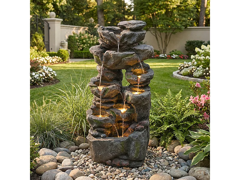 Tuinfontein voor tuin en terras - 40 x 36 x 90 cm - met LED's + waterpomp - Kunsthars - grijs