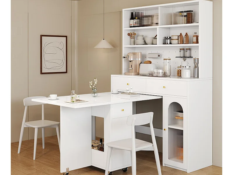 Zestaw mebli kuchennych - Zawiera 1 składany stół jadalniany + 1 kuchenny kredens - z kółkami ułatwiającymi przemieszczanie - biały