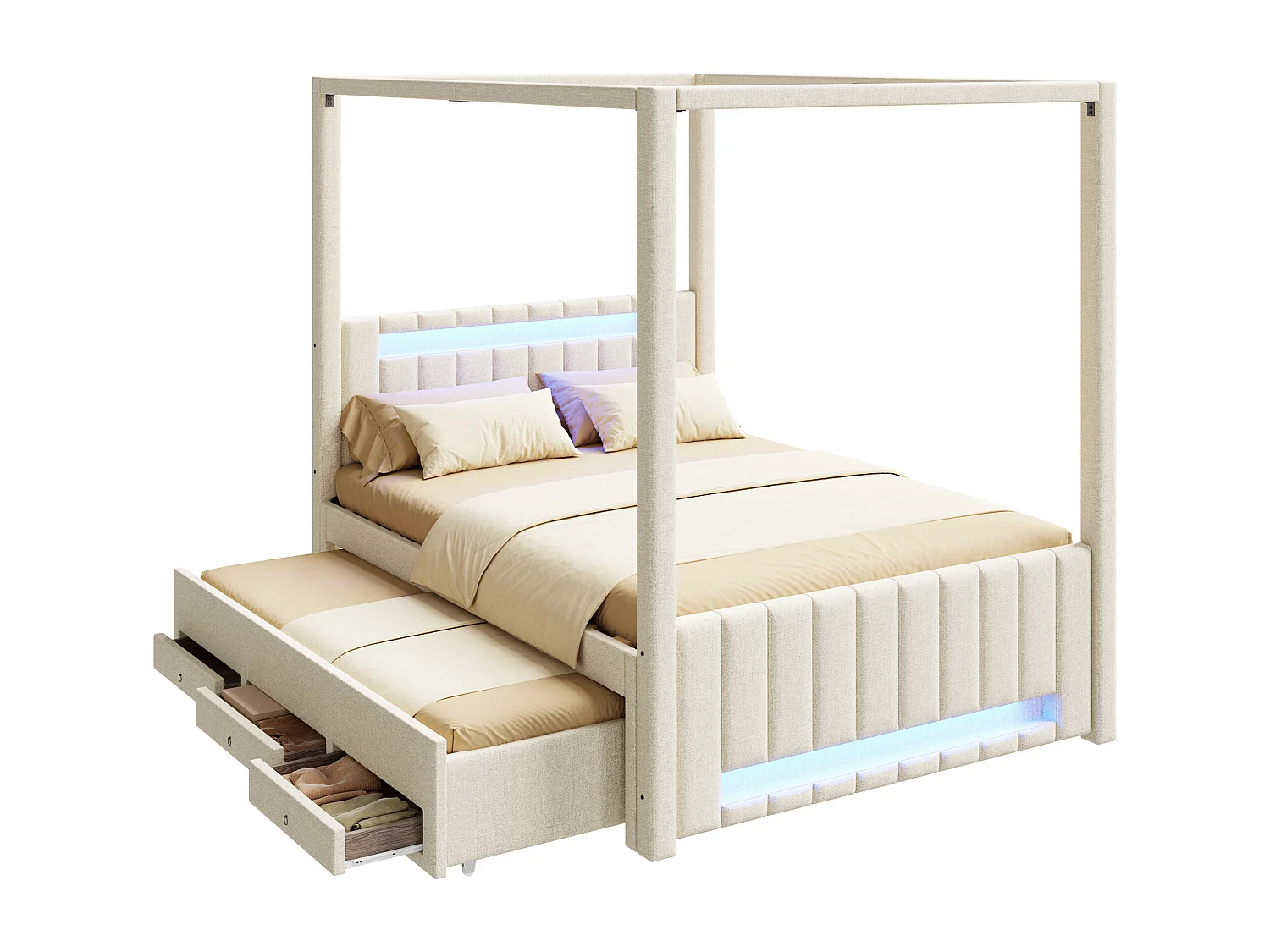 Pikowane łóżko podwójne 140x200cm - z baldachimem - Z opuszczaną ramą łóżka i 3 szufladami - Oświetlenie LED - Beżowy​ (materac nie jest wliczony w cenę)