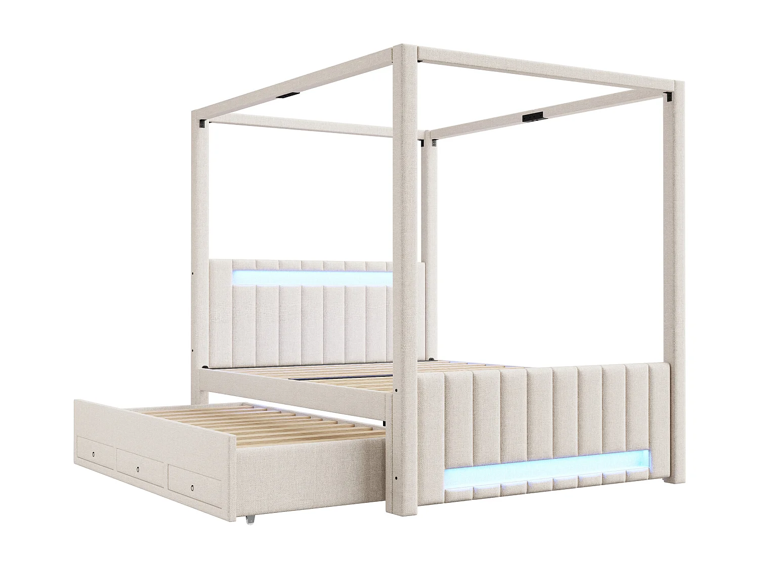 Pikowane łóżko podwójne 140x200cm - z baldachimem - Z opuszczaną ramą łóżka i 3 szufladami - Oświetlenie LED - Beżowy​ (materac nie jest wliczony w cenę)